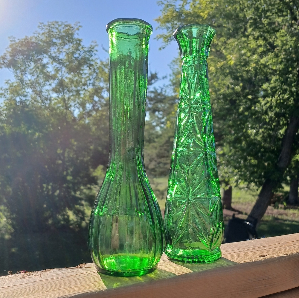 Vintage Emerald Green Depression Glass Bud Vases Lot Of 2